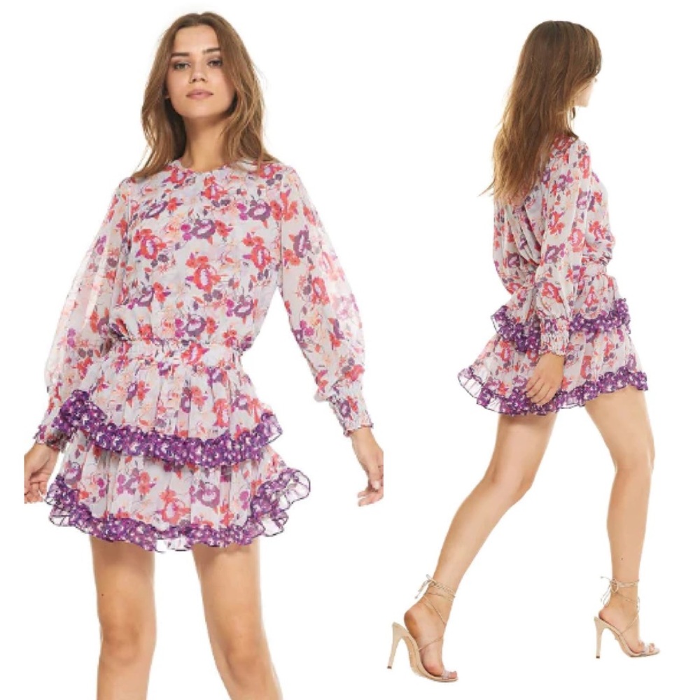 NEW MISA Los Angeles  Lavender Floral Ruffled Tiered Mini Dress XS